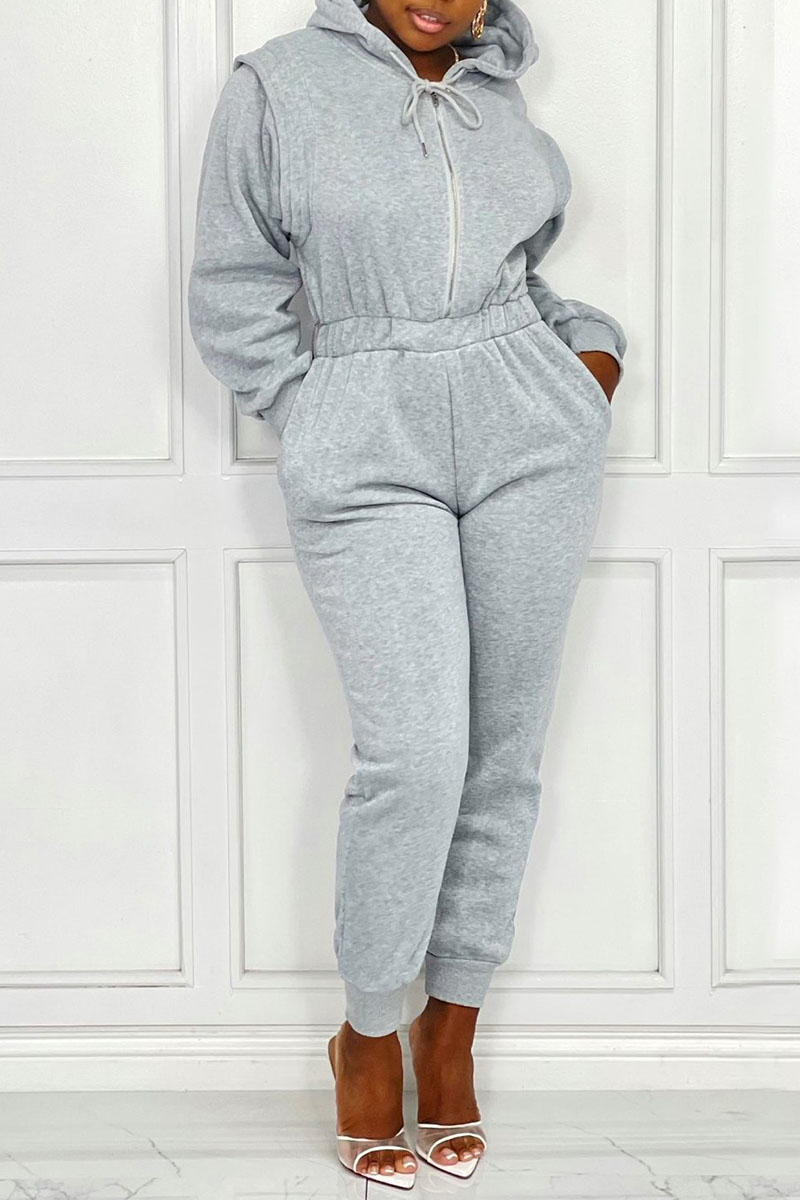 

Grey Casual Split Joint Zipper Hooded Collar Regular Jumpsuits