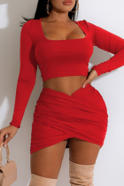 Red Fashion Sexy Solid Split Joint Square Collar Long Sleeve Two Pieces