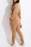 Camel Fashion Casual Solid Draw String Fold Turndown Collar Long Sleeve Two Pieces