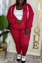 Red Sportswear Solid Split Joint Hooded Collar Plus Size Two Pieces