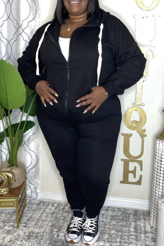 Black Sportswear Solid Patchwork Hooded Collar Plus Size Two Pieces