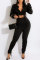 Black Fashion Casual Solid Draw String Fold Turndown Collar Long Sleeve Two Pieces