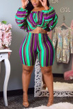 Purple Fashion Stripe Printing Long Sleeve Shorts Set