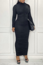 Black Sexy Print Split Joint Fold Turtleneck Dresses