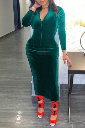 Green Black Zipper Collar Long Sleeve One Step Skirt Bodycon Prom Party Velvet Maxi Dress