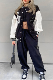 Black Fashion Casual Patchwork Letter Mandarin Collar Outerwear