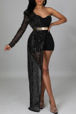 Black Sexy Solid Sequins Patchwork Asymmetrical Strapless Straight Rompers