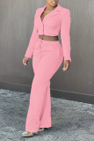 Pink Casual Solid Patchwork Buckle Turn-back Collar Long Sleeve Two Pieces