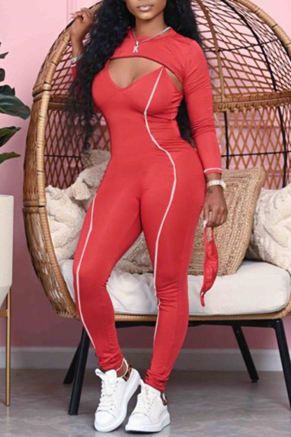 Red Sexy Casual Solid Hollowed Out O Neck Long Sleeve Two Pieces