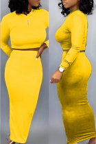 Yellow Celebrities Fashion adult Solid Two Piece Suits pencil Long Sleeve Two-Piece Dress