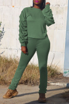 Green Casual Solid Split Joint Fold O Neck Long Sleeve Two Pieces
