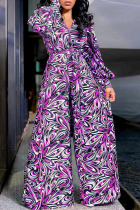 Purple Fashion Print Split Joint V Neck Loose Jumpsuits