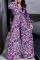 Purple Fashion Print Patchwork V Neck Loose Jumpsuits