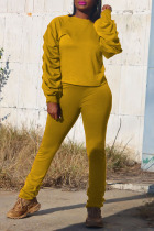 Yellow Casual Solid Split Joint Fold O Neck Long Sleeve Two Pieces