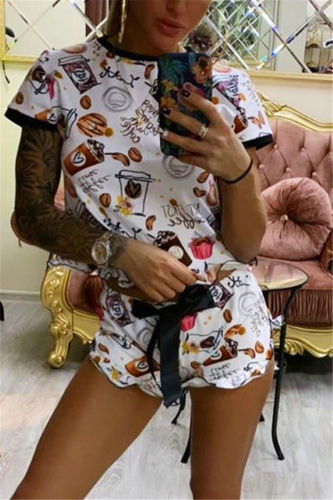 White Fashion Casual Printed Short Sleeve Shorts Set
