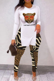 White Fashion Casual Print Slit O Neck Long Sleeve Two Pieces