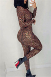 Multicolor Fashion Sexy Leopard Printing Turtleneck Skinny Jumpsuits