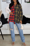 Red Yellow Casual Plaid Print Patchwork Buckle Asymmetrical Turndown Collar Tops