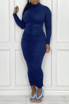 Blue Sexy Print Split Joint Fold Turtleneck Dresses
