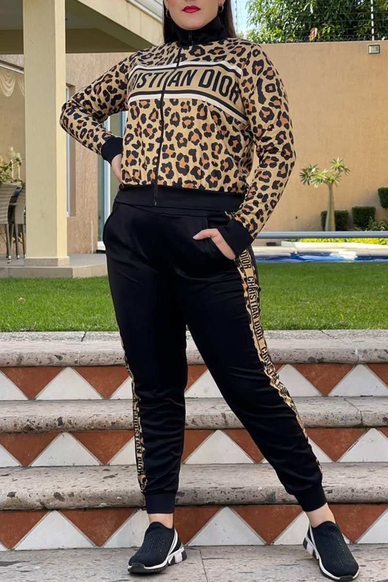 

Leopard Print Fashion Street Letter Split Joint Long Sleeve Two Pieces