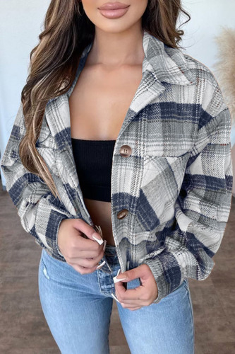 Deep Blue Casual Plaid Geometric Print Patchwork Buckle Turndown Collar Outerwear