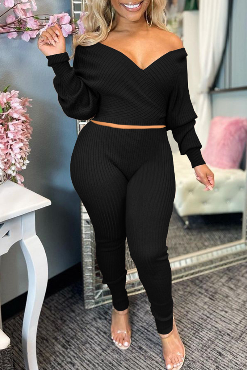 

Black Fashion Casual Solid Basic V Neck Long Sleeve Two Pieces