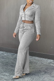 Grey Casual Solid Patchwork Buckle Turn-back Collar Long Sleeve Two Pieces