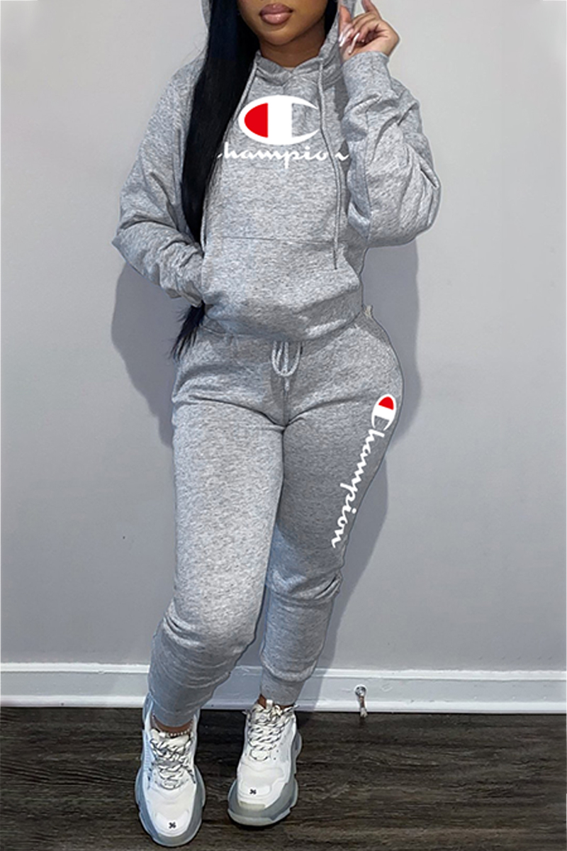

Grey Fashion Sportswear Print Letter Hooded Collar Long Sleeve Two Pieces