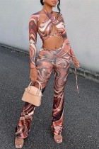 Colour Fashion Sexy Print Bandage Hollowed Out Asymmetrical Long Sleeve Two Pieces