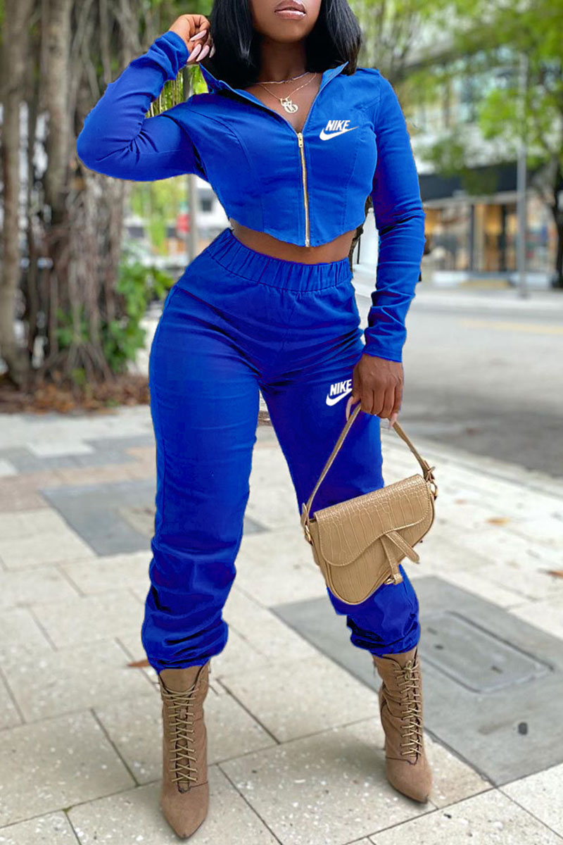 

Royal Blue Fashion Street Print Split Joint Hooded Collar Long Sleeve Two Pieces