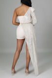 White Sexy Solid Sequins Patchwork Asymmetrical Strapless Straight Rompers