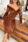 Brown Fashion Sexy Solid Bandage Draw String V Neck Long Sleeve Dresses