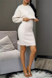 Cream White Fashion Casual Solid Basic O Neck Long Sleeve Two Pieces