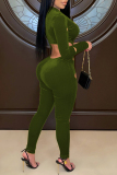 Light Green Fashion Sexy Solid Hollowed Out Zipper Collar Skinny Jumpsuits