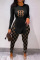 Black Red Casual Print Slit Letter O Neck Long Sleeve Two Pieces