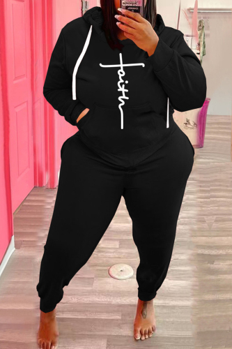 Black Fashion Casual Print Basic Hooded Collar Plus Size Two Pieces