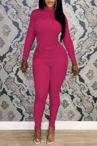 Rose Red Casual Solid Patchwork O Neck Long Sleeve Two Pieces