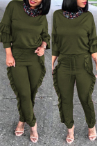 Green Euramerican Flounce Design Blending Two-piece Pants Set