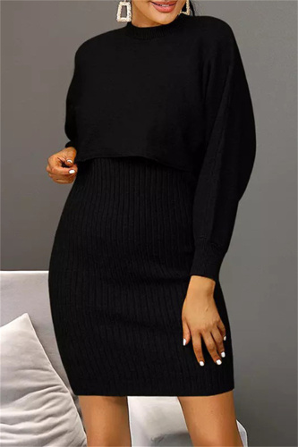 Black Fashion Casual Solid Basic O Neck Long Sleeve Two Pieces