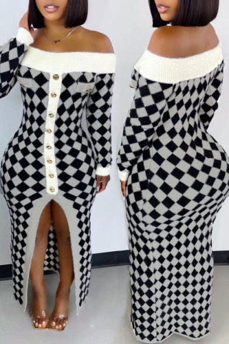 White Casual Print Patchwork Buckle Off the Shoulder Straight Dresses