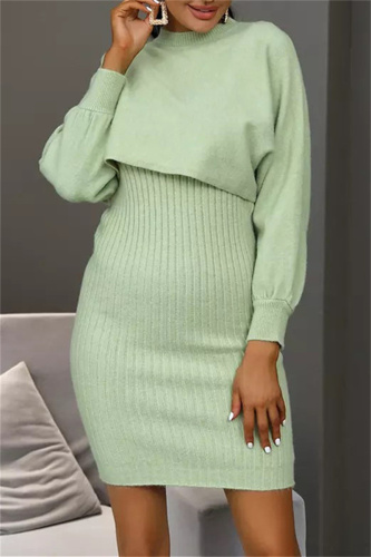 Green Fashion Casual Solid Basic O Neck Long Sleeve Two Pieces