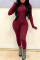 Burgundy Casual Solid Split Joint Zipper Collar Skinny Jumpsuits