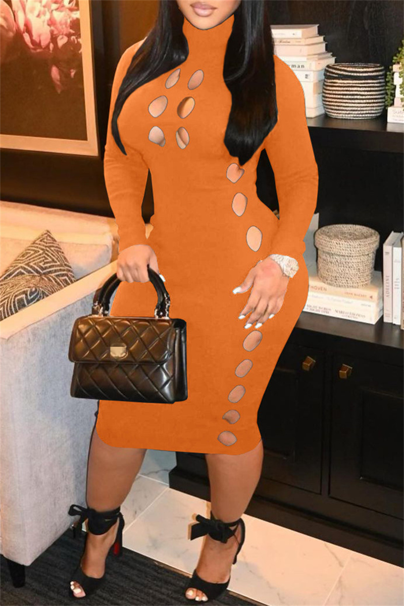 

Orange Fashion Casual Solid Hollowed Out Turtleneck Long Sleeve Dresses