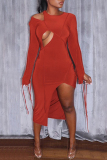 Orange Fashion Sexy Solid Hollowed Out Asymmetrical O Neck Long Sleeve Dresses