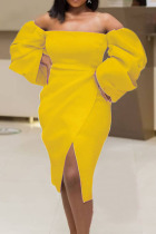 Yellow Elegant Solid Patchwork Asymmetrical Strapless Irregular Dress Dresses