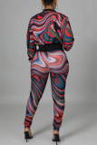 Multi-color Fashion Casual Print Cardigan Pants Zipper Collar Long Sleeve Two Pieces