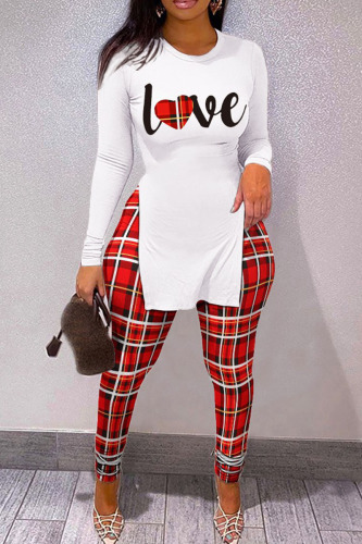 Black Red Casual Print Slit Letter O Neck Long Sleeve Two Pieces