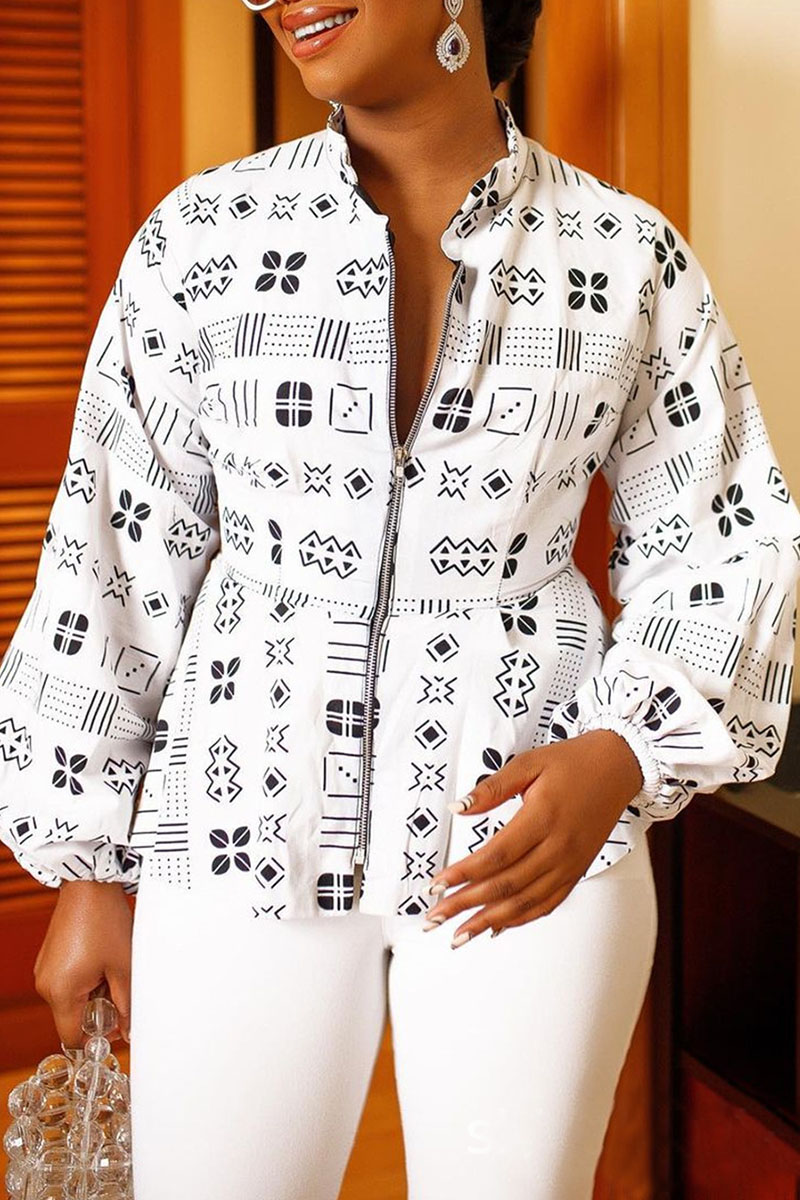 

White Casual Print Patchwork Zipper Outerwear