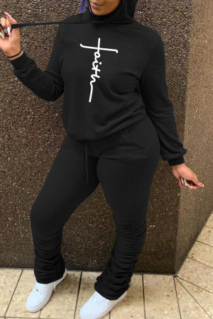 Black Fashion Casual Print Fold Hooded Collar Long Sleeve Two Pieces