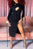 Black Fashion Sexy Solid Hollowed Out Asymmetrical O Neck Long Sleeve Dresses